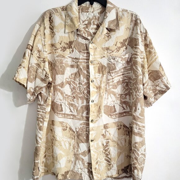 Perry Ellis Mens Short Sleeve Hawaiian Shirt Size L Button Up Silk Tribal Print - Picture 1 of 9